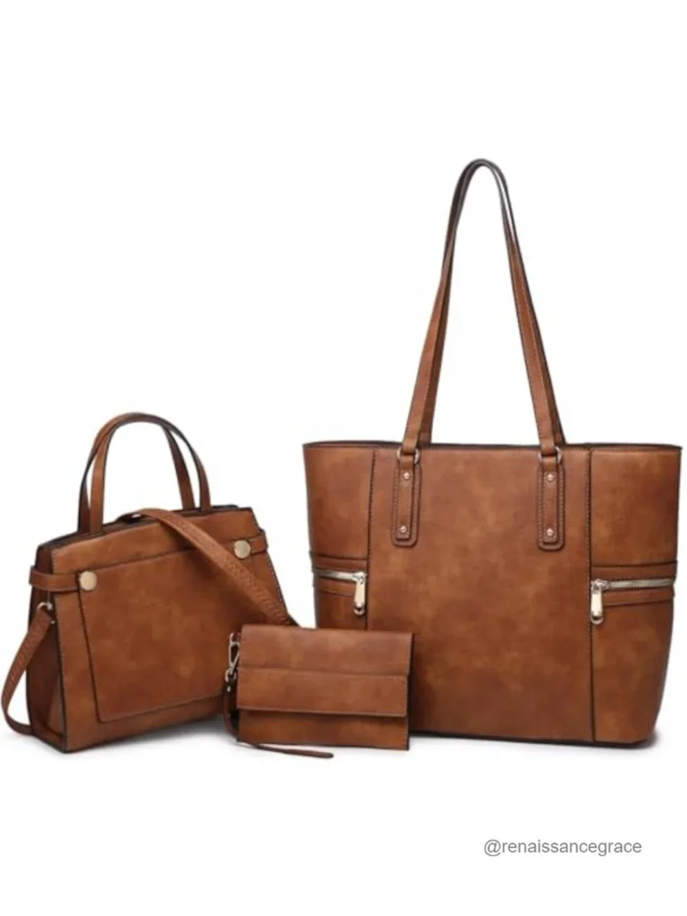 Vegan Leather 3-Piece Satchel Tote Handbag Set with Wristlet